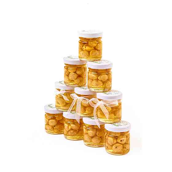 Бонбоньерка свадебная в патриотическом стиле с желто-голубым сухоцветом 50 г майский мед. Одесса