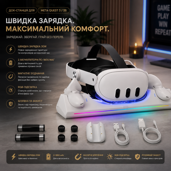 Магнітна зарядна док-станція для Meta Quest 3 / 3S: швидка зарядка 30W, RGB-підсвітка, 2 акумулятори по 1800 мАг, White Київ