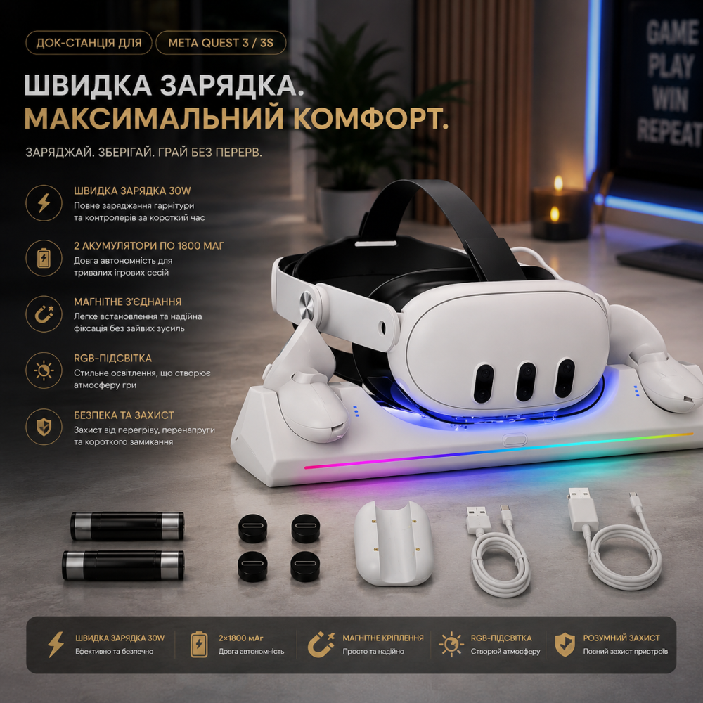 Магнітна зарядна док-станція для Meta Quest 3 / 3S: швидка зарядка 30W, RGB-підсвітка, 2 акумулятори по 1800 мАг, White Київ - фото 2