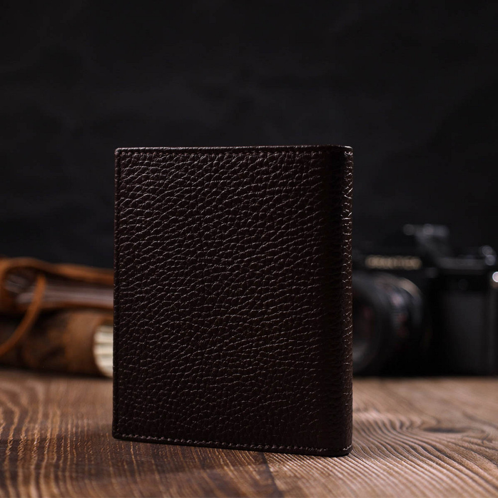 Компактный мужской бумажник из натуральной зернистой кожи без застежки BOND 21989 Коричневый Киев - изображение 10