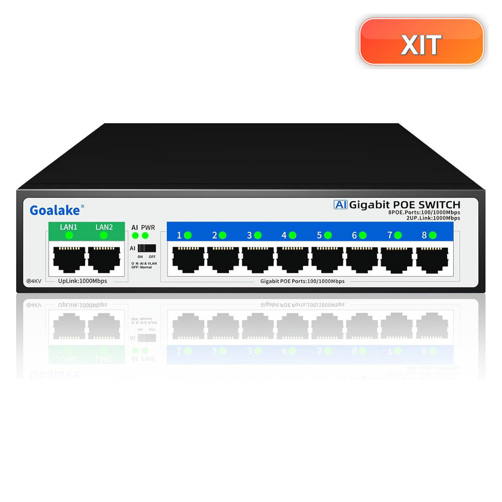 Коммутатор PoE сетевой Goalake 8 портов 1000 Мбит/с 100W 802.3af/at 2 uplink 4KV защита черный бесшумный Киев - изображение 1