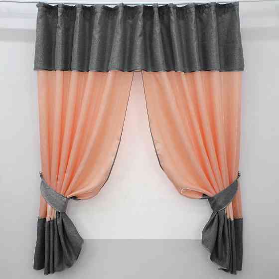 Кухонные шторы VR-Textil № 073к с ламбрекеном и подхватами персиковый с серым 270х170 см (52-0219) Киев