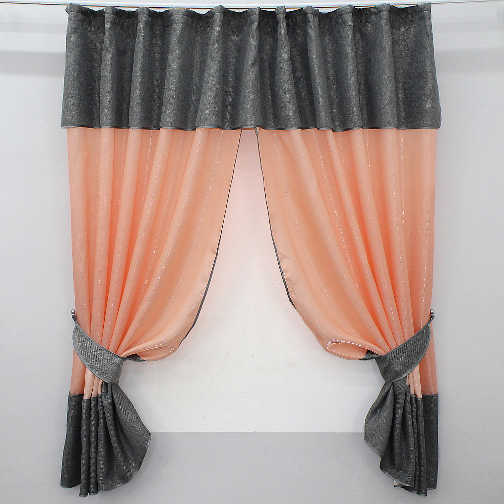 Кухонные шторы VR-Textil № 073к с ламбрекеном и подхватами персиковый с серым 270х170 см (52-0219) Киев - изображение 1