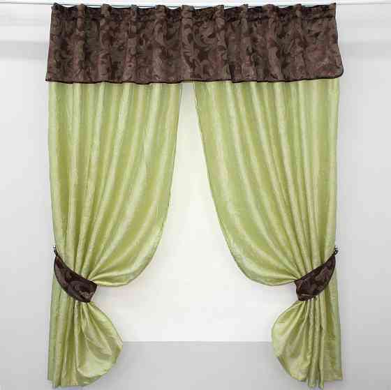 Кухонные шторы VR-Textil № 073к с ламбрекеном и подхватами салатовый с коричневым 270х170 см (52-0157) Киев