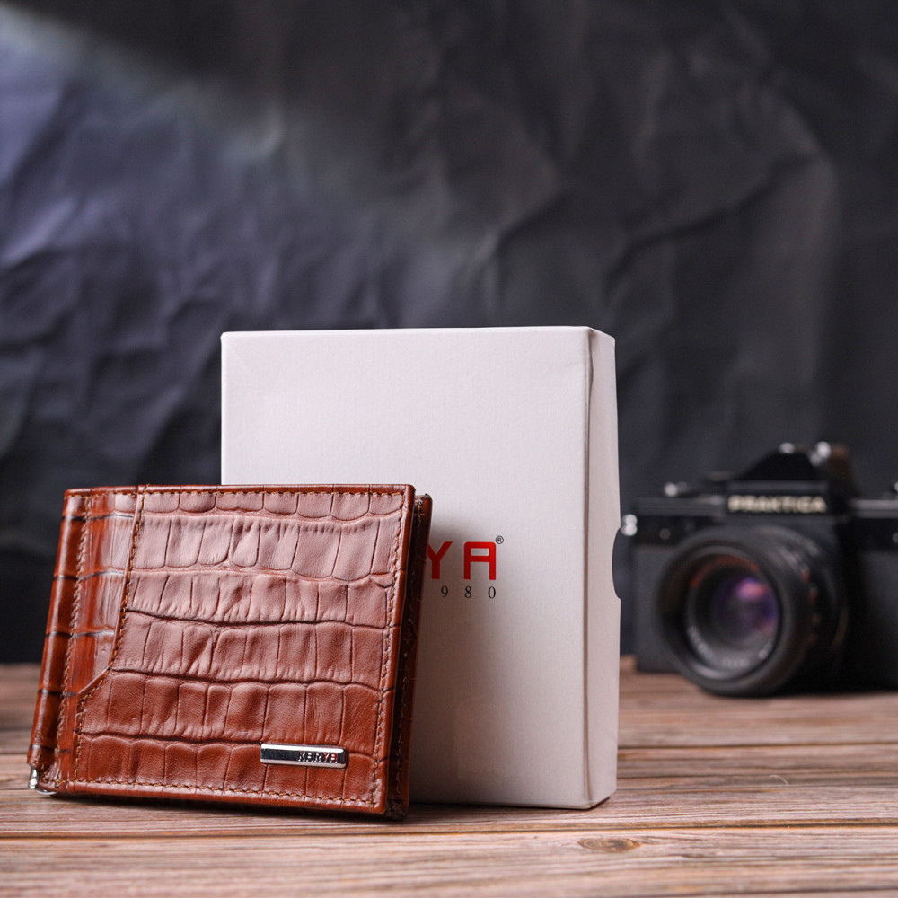 Фактурний затискач для чоловіків з натуральної шкіри з тисненням під крокодила KARYA 21418 Рудий Київ - фото 9