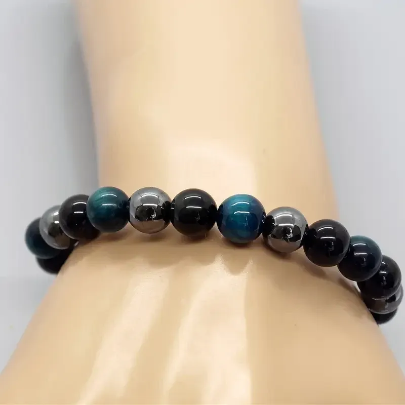 Браслет из гематита, обсидиана и тигрового глаза - черный и синий, 19 см Киев - изображение 6