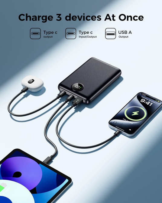 Повербанк LKOY 10000 мАг, 22,5 Вт, швидка зарядка PD 3.0/QC 3.0, 3 порти USB-A/USB-C, LED-дисплей, чорний Київ - фото 5