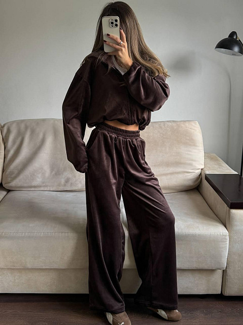 Женский стильный повседневный велюровый костюм велюр плюш Шоколад Одесса - изображение 7