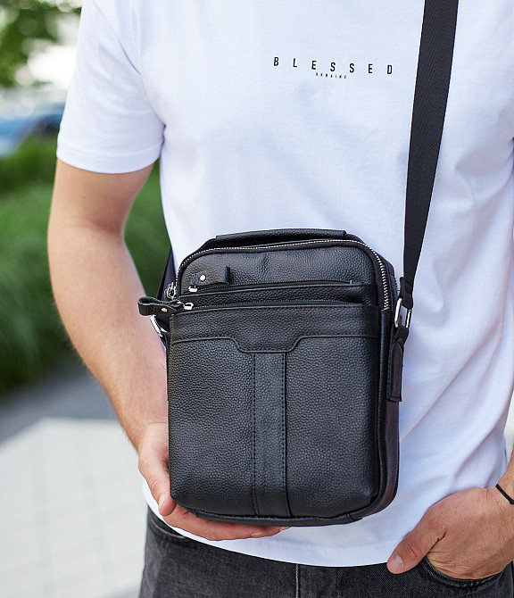 Мужская кожаная сумка-мессенджер 21х25х6, барсетка через плечо Tiding Bag A25-3278A Черная Киев - изображение 4