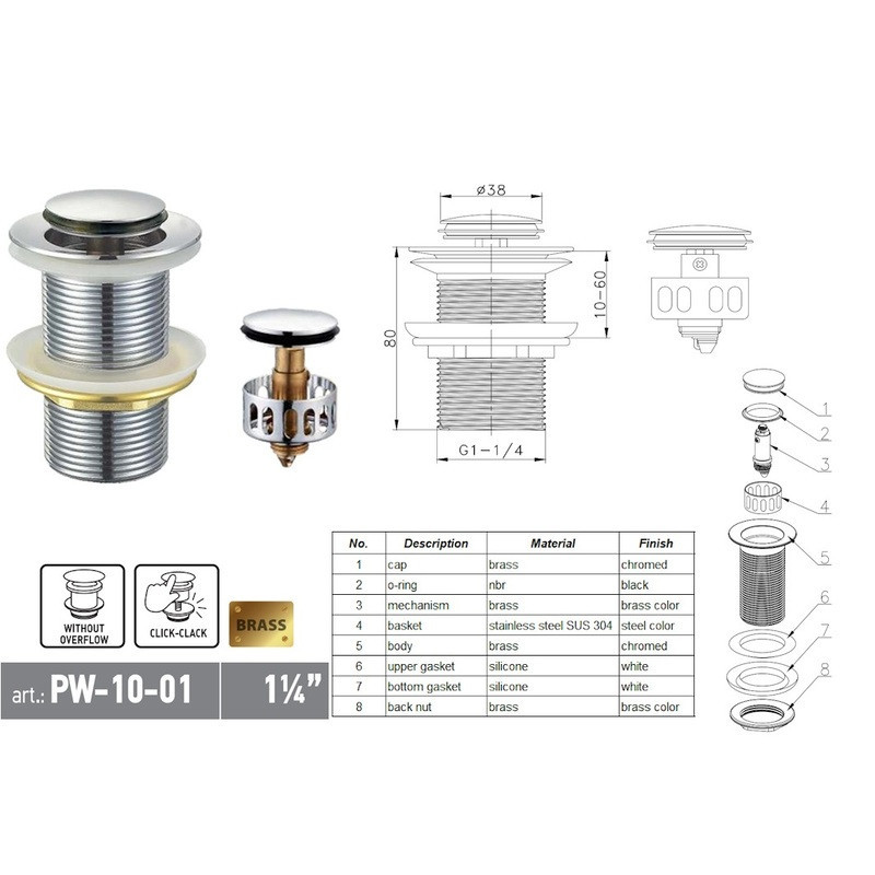 Донный клапан для раковины Koer PW-10-01 1 1/4'' без перелива автоматический СLICK-СLACK (Цвет хром) (KR5797) Киев - изображение 5
