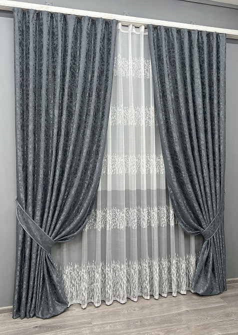 Комплект штор VR-Textil Льон Мармур 200х270 2шт і Тюль 500х270 1262ш-1675т Графітовий з білим 71-166/6 Київ - фото 2
