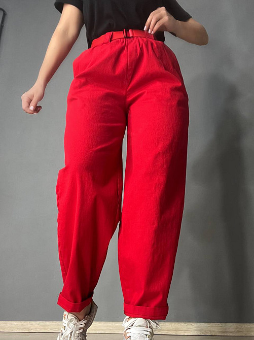 Брюки женские A-N 712 МОМ jeans широкие бананы облегченный тонкий коттон с ремнем красные, красный, L Киев - изображение 1