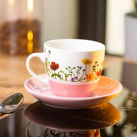 Liling Rongxiang Ceramic порцелянова чашка з блюдцем 250 мл з квітами Рожева RX-N24723P Київ