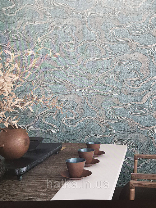 Обои виниловые на флизелине Marburg Kumano 1.06х10 абстракция волны структурные золотистые на бирюзовом 34588 Киев - изображение 1