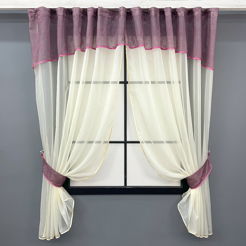 Кухонные шторы VR-Textil № 084к с ламбрекеном и подвязками бежевый с бежевий з марсала 300х170 см (59-983) Киев - изображение 1