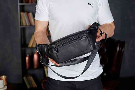 Поясная сумка-бананка Tiding Bag (11 х 25 х 8 см) из натуральной гладкой кожи Черный Киев