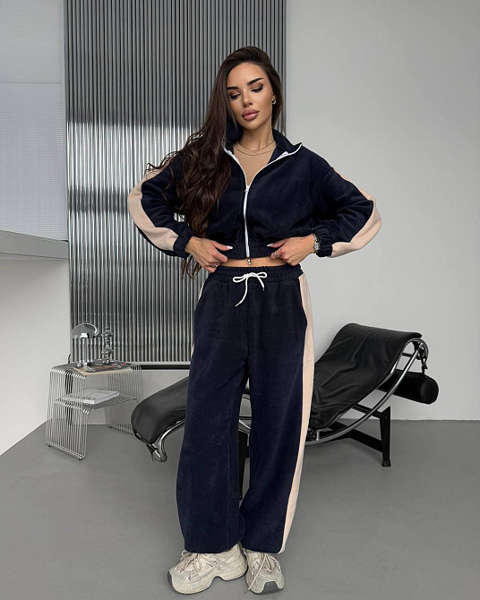 Жіночий теплий повсякденний костюм із лампасами, двобічний фліс Синій Одеса - фото 8