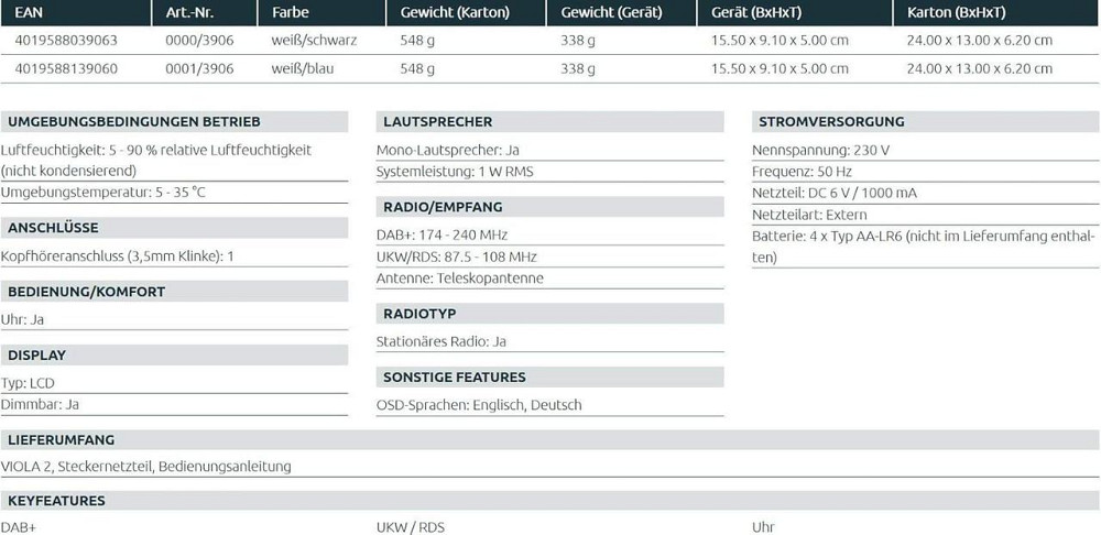 TechniSat Viola 2 портативний Інтернет-радіоприймач DAB+ FM Wi‑Fi білий/чорний з LCD і роз'ємом 3.5 мм Київ - фото 6