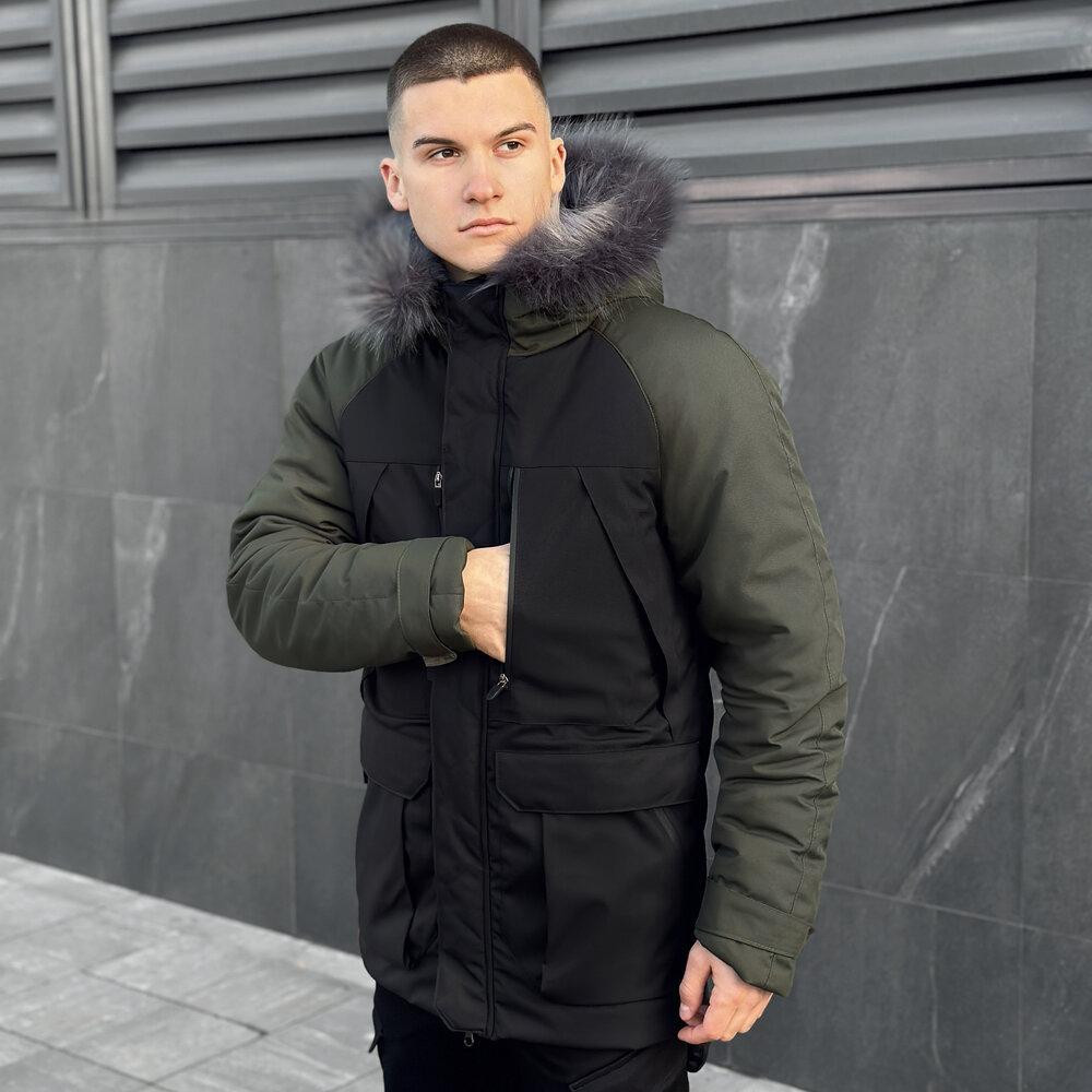 Парка Pobedov зимова чоловіча куртка тепла з хутром на капюшоні чорна+хакі Одеса - фото 3
