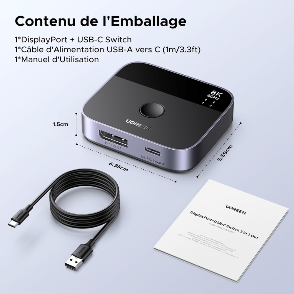 Перемикач UGREEN DisplayPort / USB-C 8K@60Hz KVM Світч 2 входи 1 вихід DP 1.4 для ПК, PS5, Xbox, MacBook Київ - фото 9