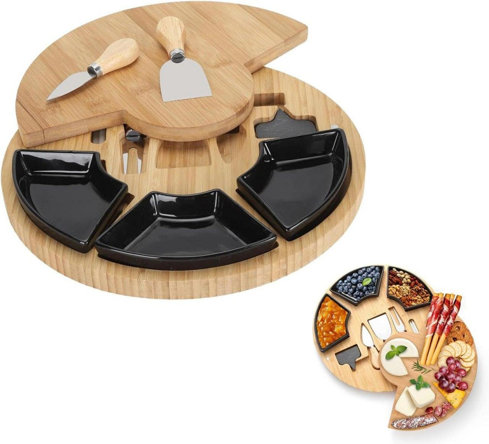 Дошка для сиру і закусок бамбукова кругла з ножами, дерев'яна менажниця діаметр 33 см колір чорний Кам'янець-Подільський - фото 7