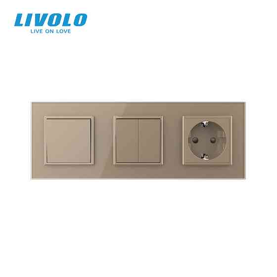 LIVOLO Трьохклавішний вимикач (1-2) з розеткою Livolo золотий скло (VL-C7K1/K2/FCTC16A-6AP) Коломия
