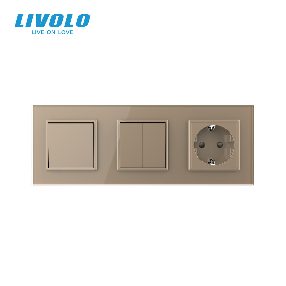 LIVOLO Трьохклавішний вимикач (1-2) з розеткою Livolo золотий скло (VL-C7K1/K2/FCTC16A-6AP) Коломия - фото 5