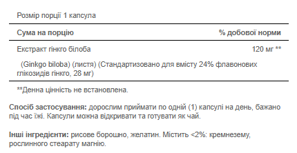 Ginkgo Biloba Standardized Extract 120mg - 200caps Київ