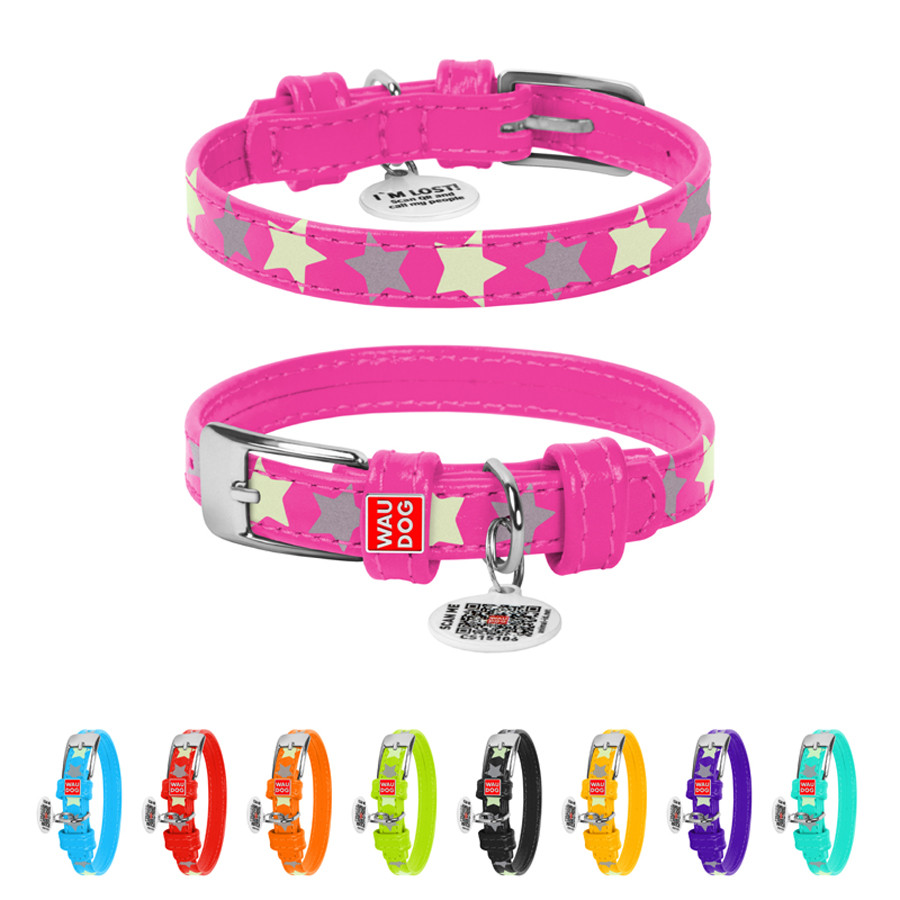 Нашийник для собак шкіряний WAUDOG Glamour з QR паспортом, візерунок "Зірочка", світлонакопичув Коломыя - изображение 1