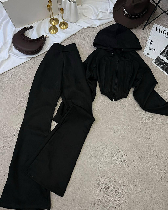 Женский стильный костюм тройка: кофта, корсет и лосины замш на дайвинге Черный, 42/44 Одесса - изображение 10