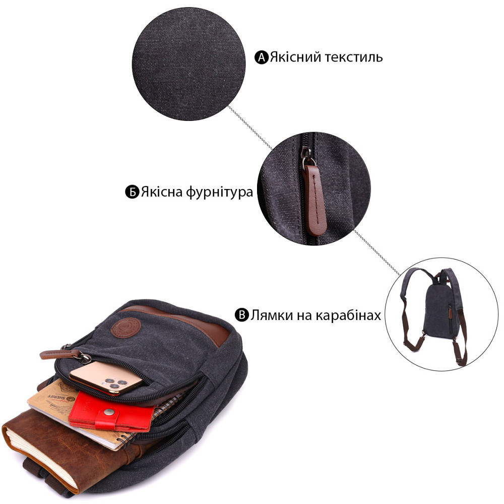 Текстильная сумка с уплотненной спинкой через плечо Vintagе 22172 Черный Киев - изображение 4