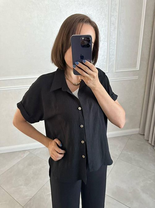 Жіноча легка базова сорочка з коротким рукавом на ґудзиках американський креп Чорний, 54/56 Одеса - фото 7