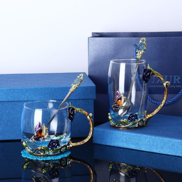 Чашки ПОДАРОЧНЫЕ 2 в декоративном металлическом подстаканнике  Синяя РОЗА Кременчуг - изображение 1