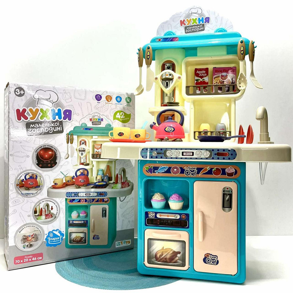 Кухня 42 предмети посуд продукти плита мийка-льюча вода пар музика світло на батарейках Бірюзова (16890A) Чернігів - фото 1