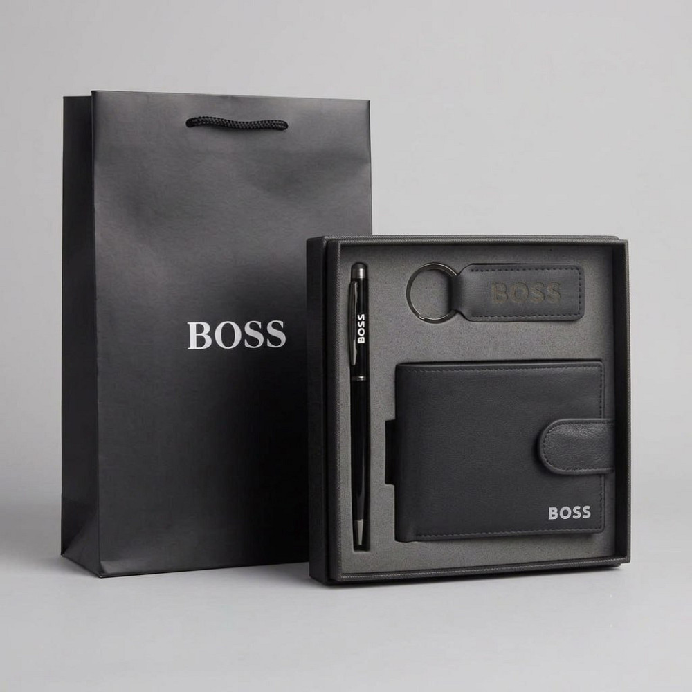 Мужской подарочный комплект, кошелек с брелоком и ручкой Boss (7704-3) Киев - изображение 6