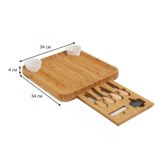 Доска сервировочная с набором ножей для сыра,бамбуковая менажница дегустационная с аксессуарами 34х34х4см Каменец-Подольский