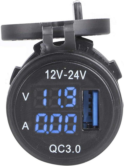 Гніздо прикурювача P11B USB QC 3,0 вольтметр/амперметр врізне з кришкою та синьою підсвіткою 12/24V Харків - фото 2