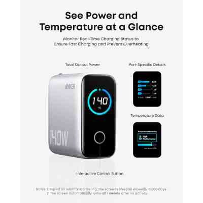Зарядний пристрій Anker Laptop GaN 140W 3xUSB-C PD3.1 + USB-A + display + cable Silver (B2697G41) Вінниця