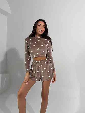 Жіноча стильна домашня принтована піжама плюшевий велюр Капучино Одеса