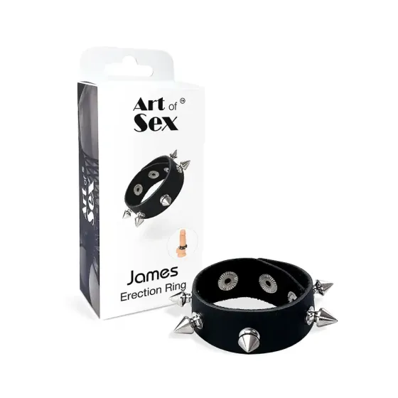 Эрекционное кольцо с шипами из натуральной кожи Art of Sex - James, цвет Черный Львов