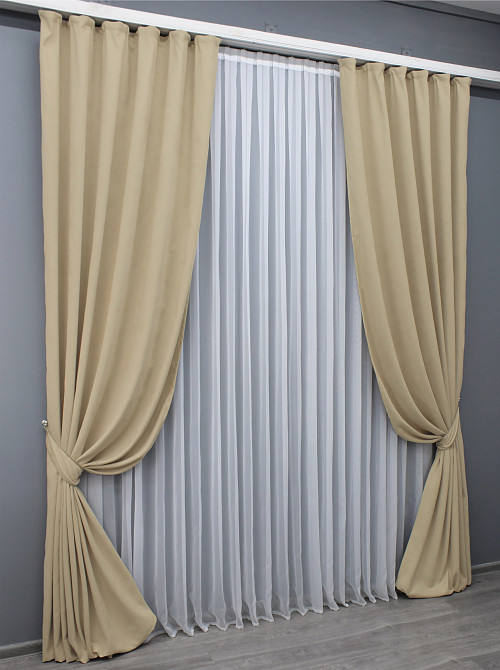 Комплект готовых штор VR-Textil Микровелюр Petek № 1491ш Бежевый 150х290 см 2 шт (33-0356) Киев - изображение 3