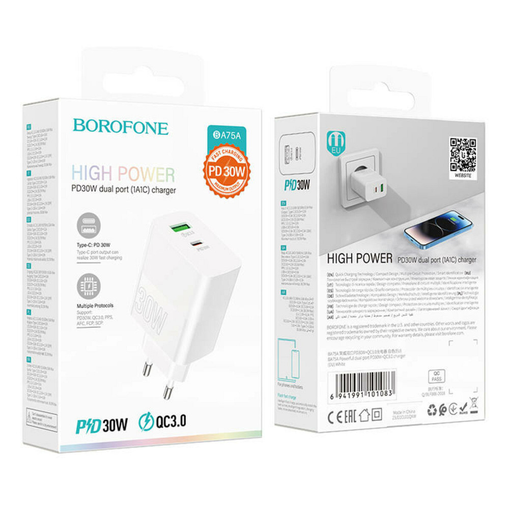 Мережевий зарядний пристрій BOROFONE BA75A Powerful dual port PD30W+QC3.0 charger White Київ - фото 5