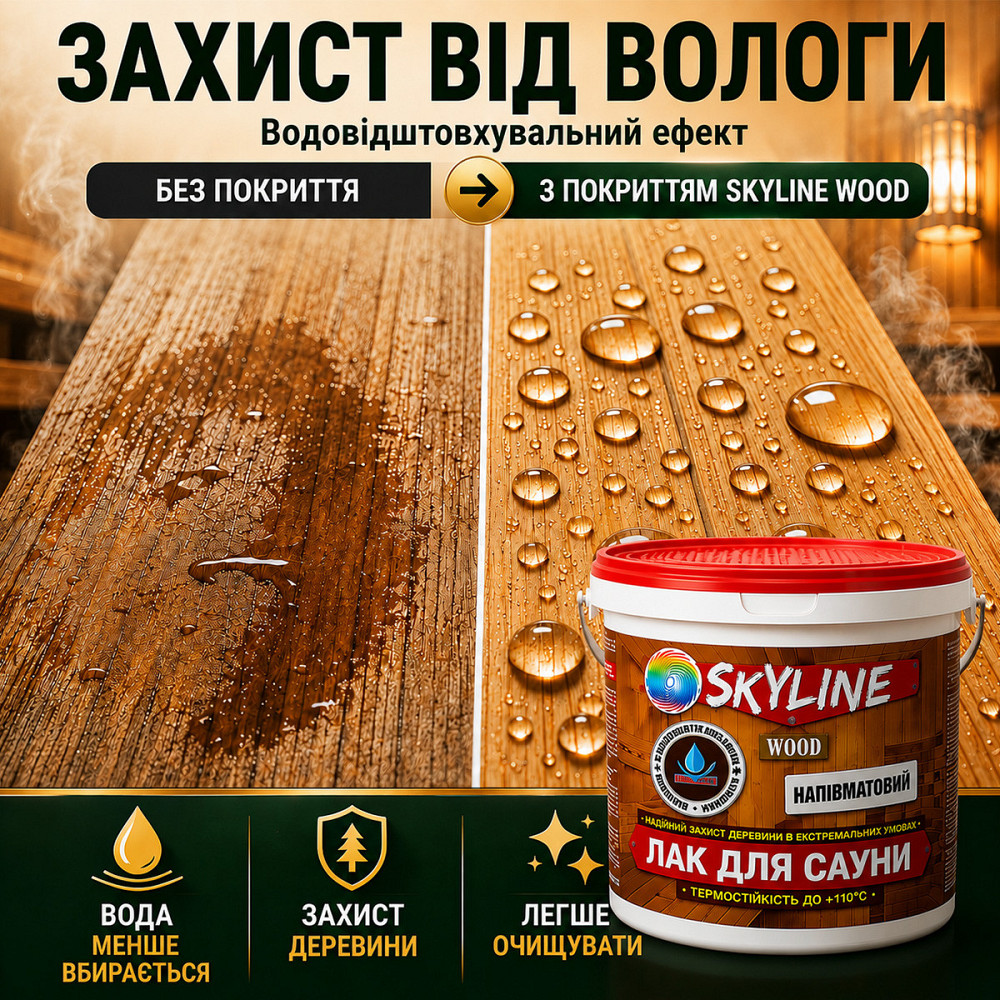 Лак для сауны SkyLine WOOD 3 л — акриловый полуматовый лак для дерева, прозрачный, без запаха, термостойкий до +110°C Харьков - изображение 4