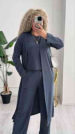 Женский базовый прогулочный костюм тройка: кардиган футболка и штаны трикотажный рубчик Графит, 46/48 Одесса