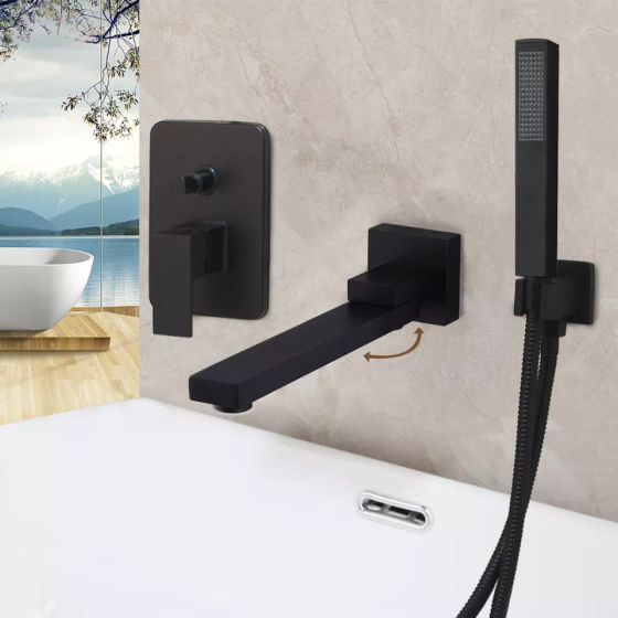 Дизайнерский встраиваемый смеситель в ванную 2 в 1: излив и ручной душ с креплением Черный матовый Каменец-Подольский