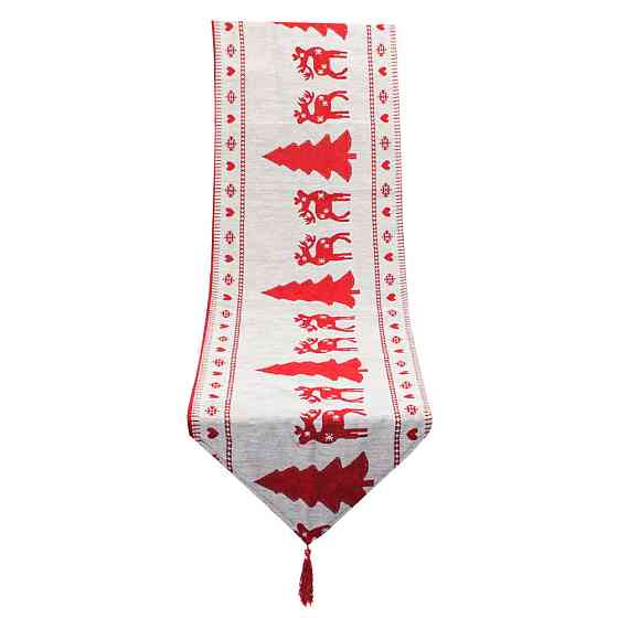 Новогодняя скатерть узкая Олени и елки 180 на 33 см красно-белый Киев