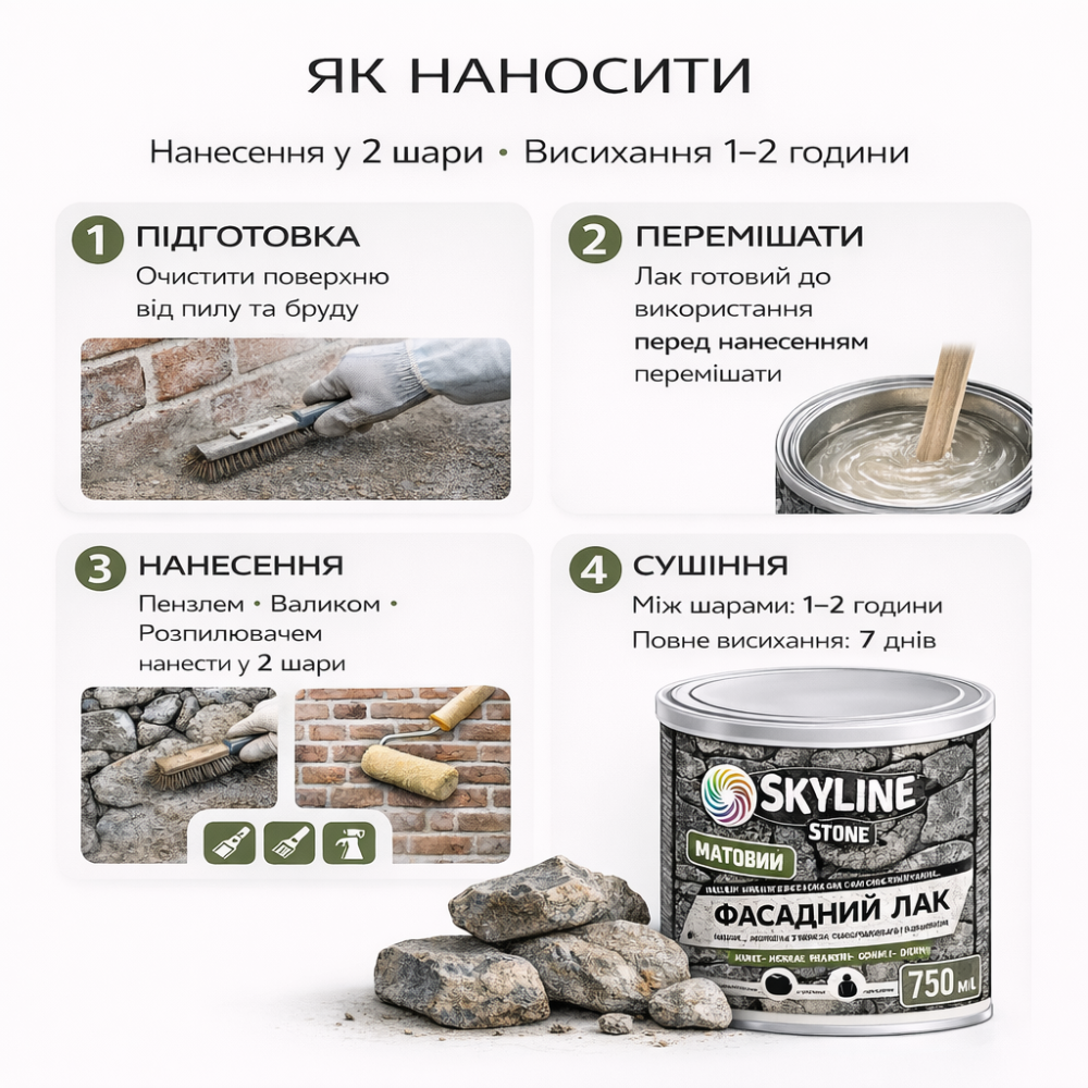 Фасадний акриловий лак для каменю та цоколю SkyLine Stone глянцевий прозорий «Мокрий камінь» 750 мл Харків - фото 7