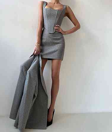 Женский классический костюм тройка: двубортный жакет корсет и юбка из кашемира Графит, 46/48 Одесса