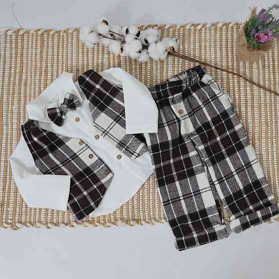 Святковий костюм для хлопчика теплий в коричневу клітинка (сорочка+жилетка+штани+метелик) Кам'янець-Подільський