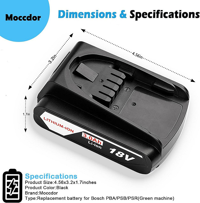 Акумулятор Moccdor для електроінструмента Bosch 18V 3000mAh PBA PSB PSR батарея до шурупокрута, дрилі Li-ion 18В Київ - фото 6